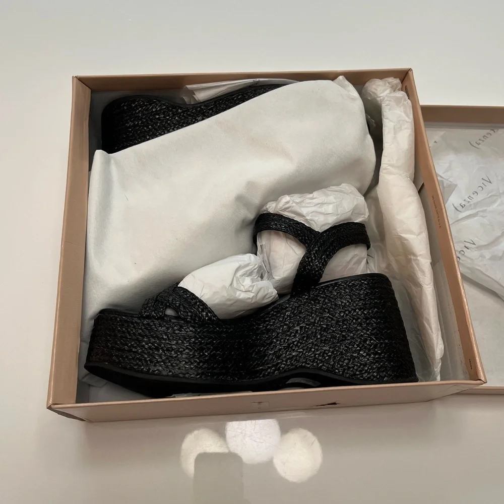 NIB Anthropologie Vicenza Raffia Platform Heels in Black Sz 38 / US 7- 7.5